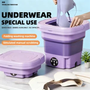 Máquina de Lavar Roupa Dobrável Portátil 8L Automática com Mangueira de Drenagem – Mini Lavadora para Meias, Roupas Íntimas, Viagem, Camping e Dormitório