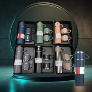 Kit Garrafa Térmica 500ml com 3 Xícaras – Aço Inox Fosco e Copos Térmicos Inclusos